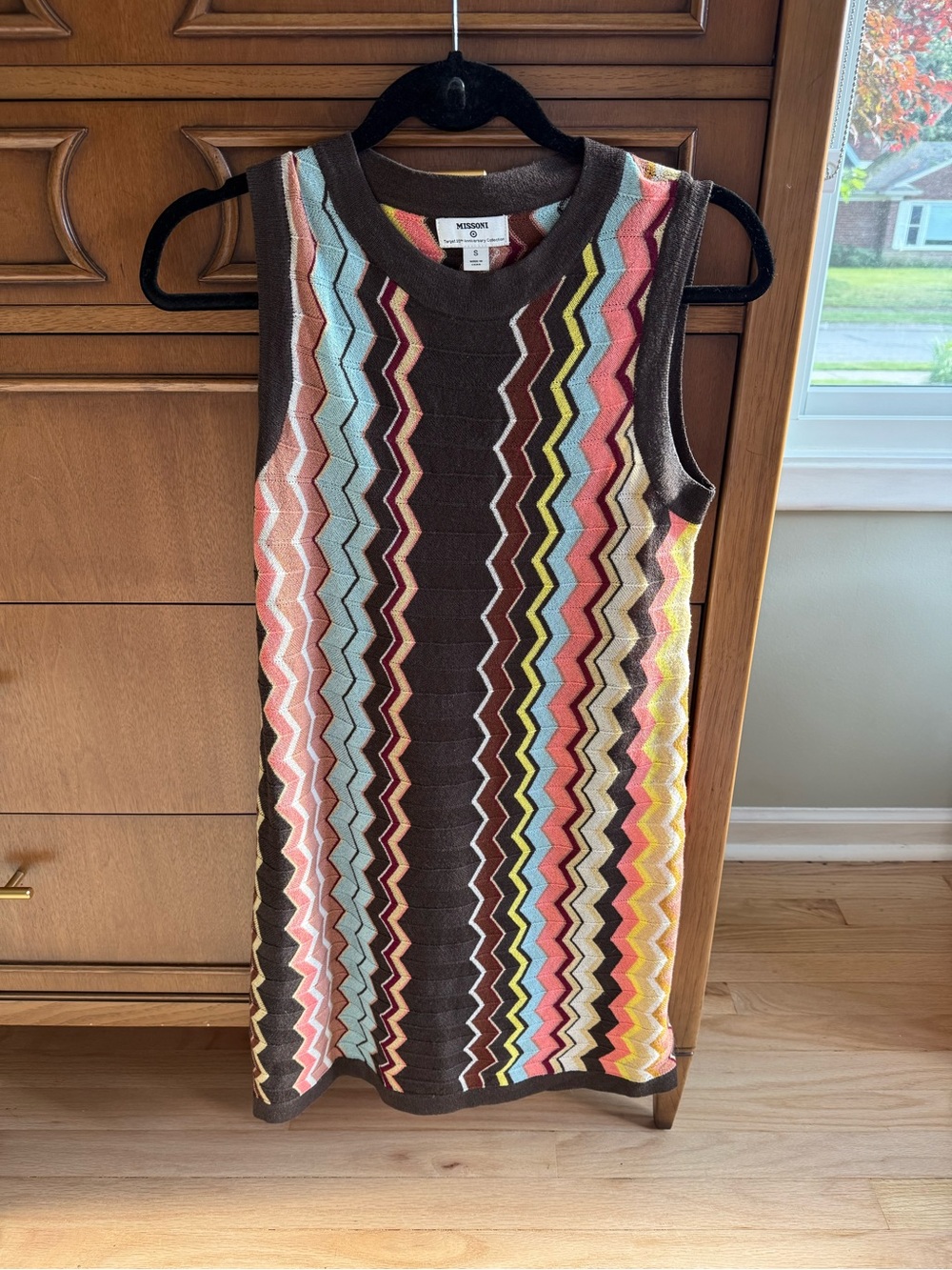 Missoni Brown Zigzag Knit Sleeveless Dress with Pastel Stripes